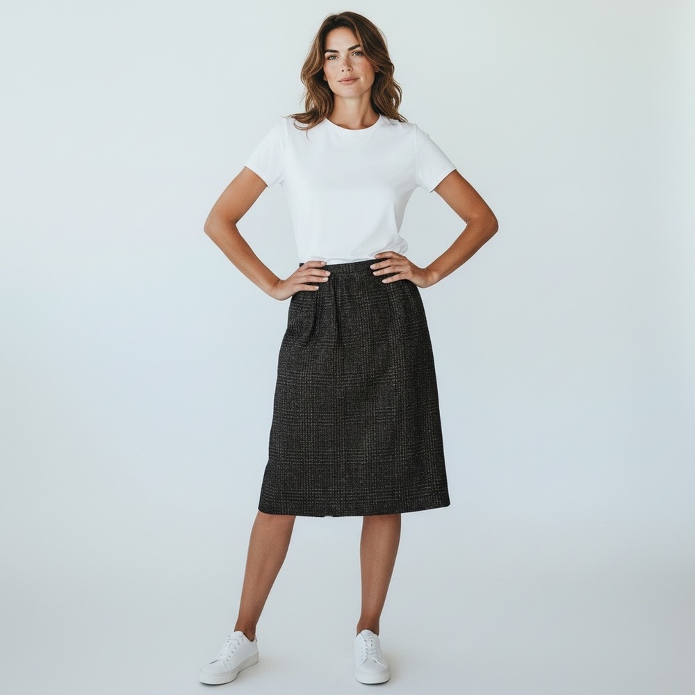 Vtg 80s 90s Kasper Wool Blend Skirt Metallic Tweed High Waist Midi Black Gold 10